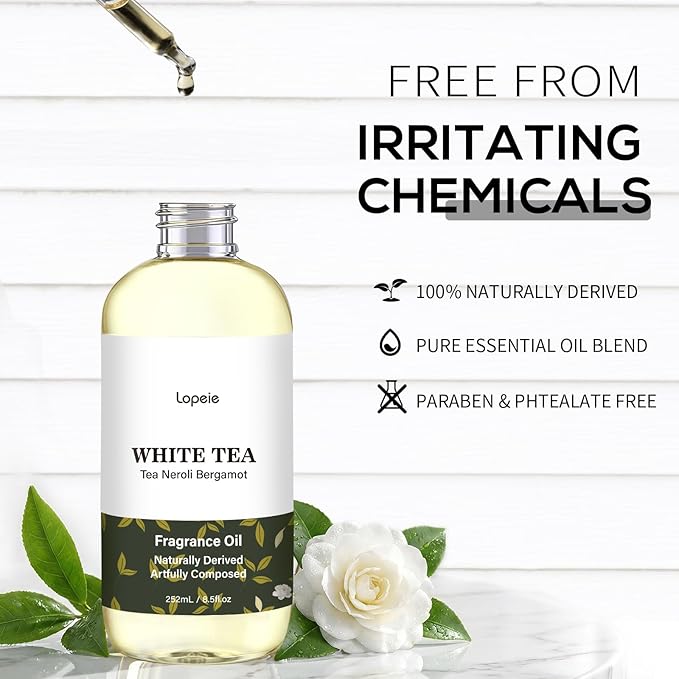 Lopeie White Tea Diffuser Oil – Essential Oil for Diffuser, Air Freshener & Room Spray – Long-Lasting with Notes of Tea, Neroli & Bergamot – Hotel Scent for Ultrasonic & Waterless Diffusers, 8.5 Fl Oz