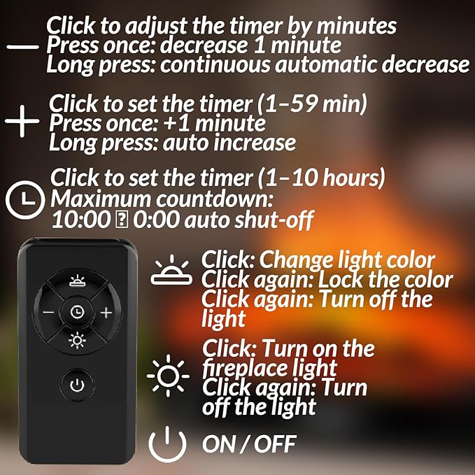 Fireplace Flame Humidifier with Magnetic Remote, 250ml Flame Diffuser, 7-Color Ambient Light, Quiet Aromatherapy Humidifier for Bedroom & Home Decor（matte black）