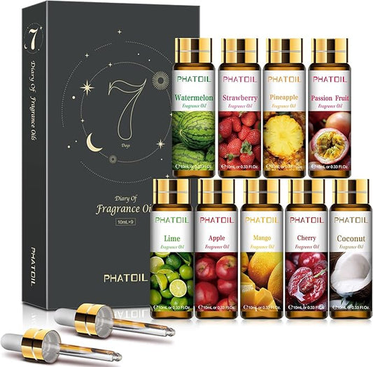 PHATOIL 9Pcs Fruity Fragrance Oil Gift Set, 10ml/0.33fl.oz Fragrance Oils for Soap, DIY Candle, Bath Bombs Making, Fruit Scented Oils for Diffusers for Home