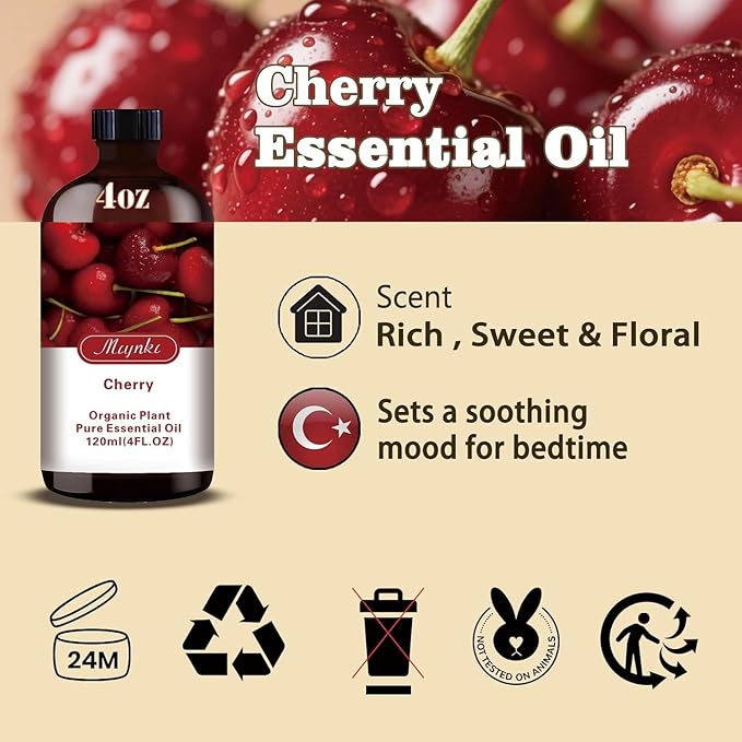 Cherry Essential Oil – MLYNKL Cherry Oils 4.33 fl oz for Diffusers, Humidifiers, Massage, DIY Candles, Soap, Cleaning, Home, Yoga, Office, Gifts - 130 ml