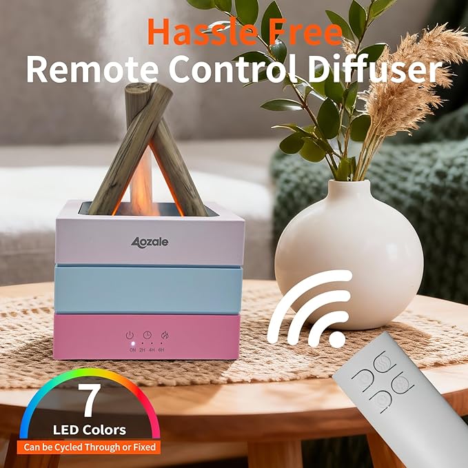 280ML Bonfire Style Essential Oil Diffuser, Pink Aromatherapy Diffuser with Remote, Flame Effect, 7-Color LED, Timer, Whisper-Quiet Mist, Auto Shut-Off for Bedroom, Office, Yoga, Gifts