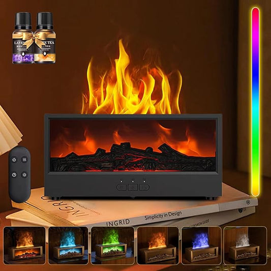 Fireplace Diffusers for Essential Oils Fireplace Humidifier with Remote 150ml Fireside Ultrasonic Humidifier Bonfire Flame Diffuser with 7 Colors Light for Home Room Office (Black+Essential Oils)