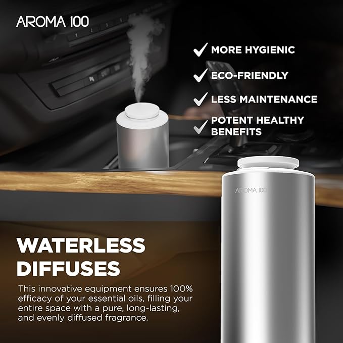 Waterless Diffuser for Essential Oil, 500sq.ft Coverage Battery Operated Nebulizer Rechargeable Mini Scent Diffusers for Home Cars Room Office 3 Timers & 3 Mist Levels