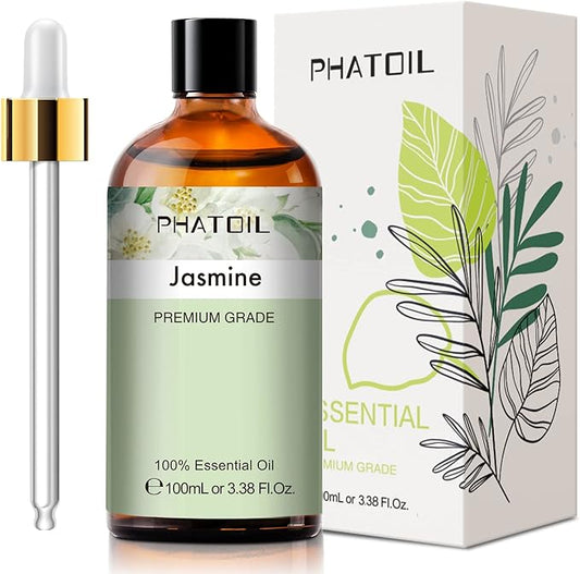 PHATOIL 3.38FL.OZ Jasmine Essential Oil with Glass Dropper, for Aromatherapy Diffusers, Humidifiers, Great for DIY Candle and Soap Making, Huge 100ML Bottle