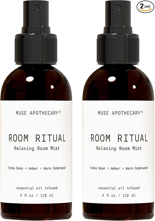 Muse Apothecary Room Ritual - Aromatic and Relaxing Room Mist, Infused with Natural Essential Oils - 4oz, Tonka Bean + Amber + Warm Cedarwood - 2 Pack
