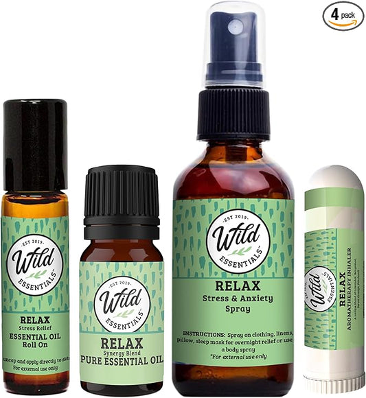 Relax Essential Oil Blend Bundle – Calming Aromatherapy Inhaler, Roll-On, Spray & Pure Essential Oil for Stress Relief, Meditation & Yoga