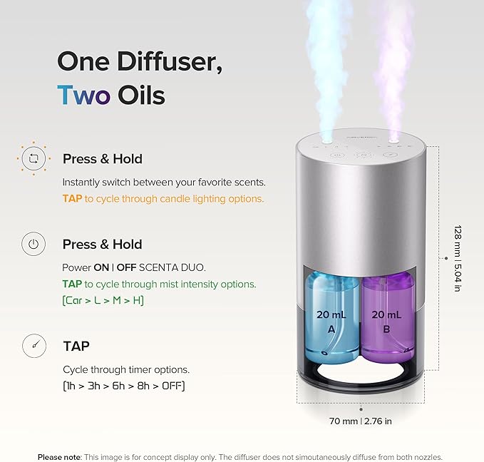 Airversa Dual-Nozzle Waterless Essential Oil Diffuser for Home Rechargeable Scent Diffusers with 5 Timer Settings, 4 Mist Levels with Vehicle Mode for Car Room Studio Office, Lavender Metal