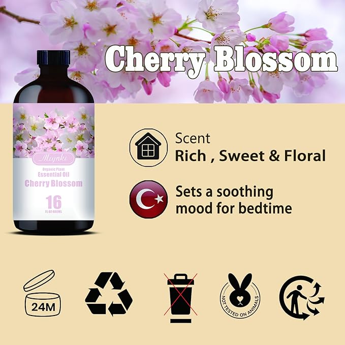 Cherry Blossom Essential Oil – MLYNKL Cherry Blossom Oils 16.33 fl oz for Diffusers, Humidifiers, Massage, DIY Candles, Soap, Cleaning, Home, Yoga, Office, Gifts - 490 ml