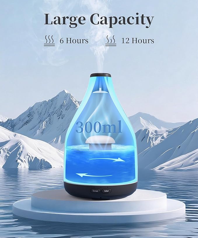 300ML Essential Oil Diffuser, Quiet Aromatherapy Diffuser Mist Humidifier with 7 Colors Light, Auto-Off, 1H/3H/6H Timer, Ultrasonic Room Scent Diffuser for Home, Office, Black (No Remote)