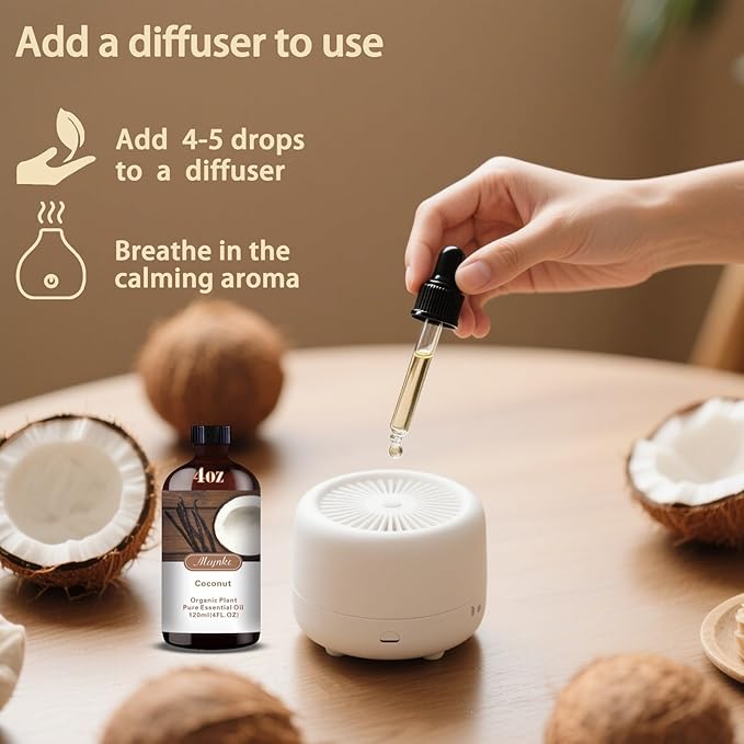 Coconut Essential Oil – MLYNKL Coconut Oils 4.33 fl oz for Diffusers, Humidifiers, Massage, DIY Candles, Soap, Cleaning, Home, Yoga, Office, Gifts - 130 ml