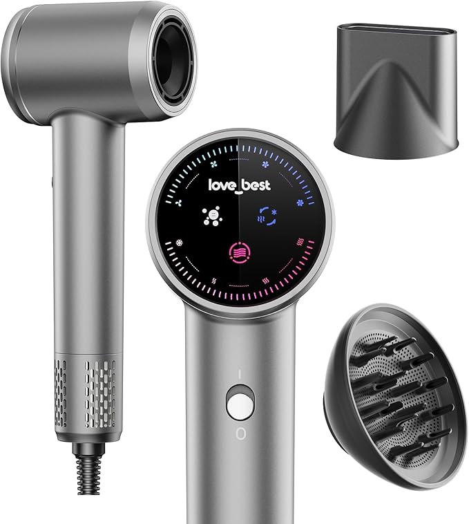 Plasma Ionic Hair Dryer with Diffuser, 110000 RPM High Speed Blow Dryer, Fast Drying Professional Hair Dryer with Smart Screen, Low Noise Ionic Hair Dryer for Curly Hair, Women & Men - Sliver Gray