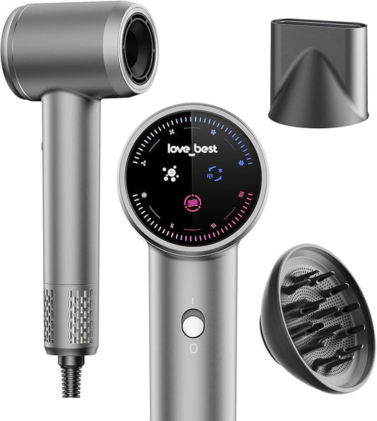 Plasma Ionic Hair Dryer with Diffuser, 110000 RPM High Speed Blow Dryer, Fast Drying Professional Hair Dryer with Smart Screen, Low Noise Ionic Hair Dryer for Curly Hair, Women & Men - Sliver Gray