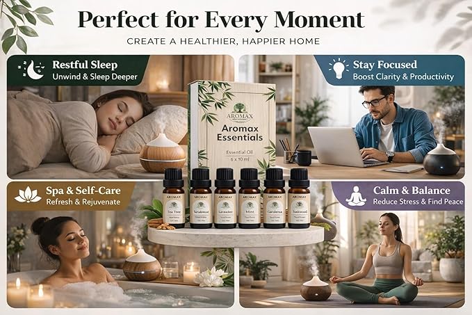 Aromax 6 Pack Essential Oils Gift Set Lavender, Mint, Sandalwood, Teakwood, Tea Tree & Gardenia for Relaxation, Sleep & Stress Relief Aromatherapy Oils for Diffuser, Spa, Home, Meditation & Self-Care
