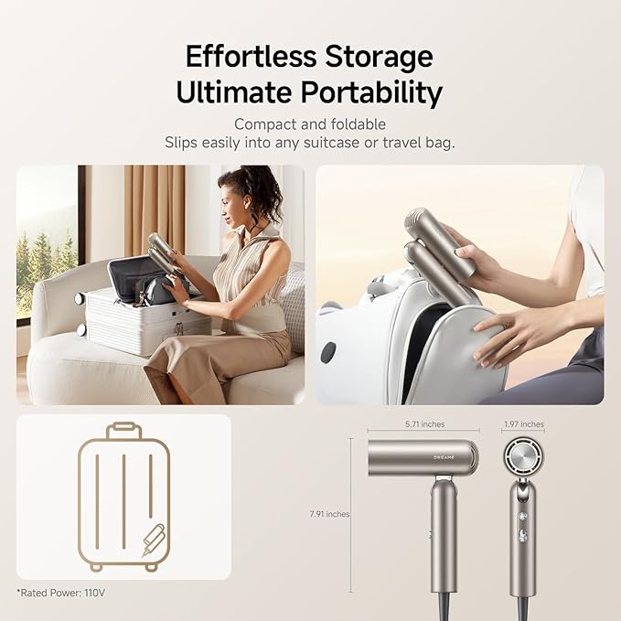 Dreame Pocket Hair Dryer 2026 New, Portable Folding Blow Dryer with Diffuser, Fast Drying, High-Speed Brushless Motor, 300M Negative Ions, Lightweight, Low Noise, for Home & Domestic Travel & Gym