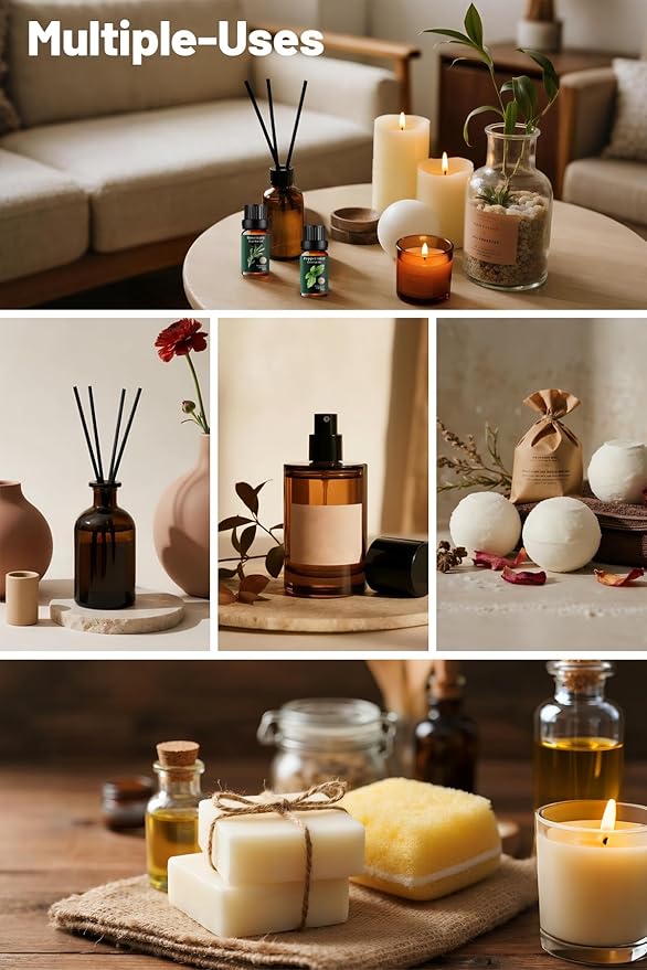 6 Pack Pure Essential Oils Set, Natural Eucalyptus, Peppermint, Tea Tree, Rosemary, Thyme, Vetiver for Aromatherapy Diffuser, Humidifier, Skin & Hair Care, Candle & Soap Making, 6x10ml Mumianhua