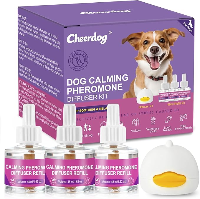 Cheerdog Dog Calming Pheromone Diffuser, Pet Calming Diffuser for Dog Anxiety Relief 3 Refills,Relieve Separation Anxiety, Stress Barking and Chewing Calm Relaxing (3 Refills+1 Diffuser)