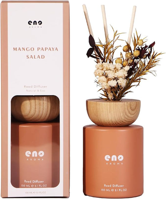 Reed Diffuser Set with Dried Flowers, 5.1oz Essential Oil Home Fragrance, Long Lasting Air Freshener for Bathroom Shelf Decor, Housewarming Gift, Mango Papaya Salad Scent