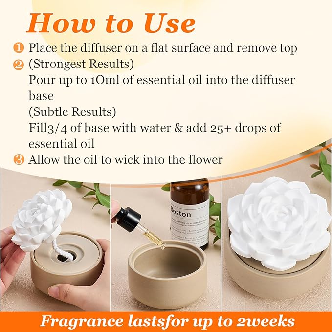 Honeydak 2 Pcs Reedless Ceramic Diffuser Set, Porcelain White Flower Aromatherapy Essential Oil Diffuser for Home Office Bathroom Tabletop Decor, Non-Electric, Valentines Day Gift (Succulent)