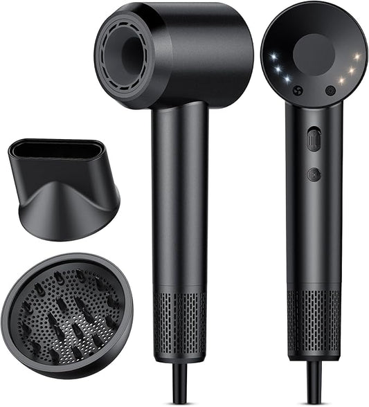aowoka Ionic Hair Dryer, 160000 RPM Professional High Speed Blow Dryer 500 Million Negative Ions & Heat-Control & Low Noise Hairdryer for Faster Drying, No Heat Damage, Travel with Diffuser（Black）