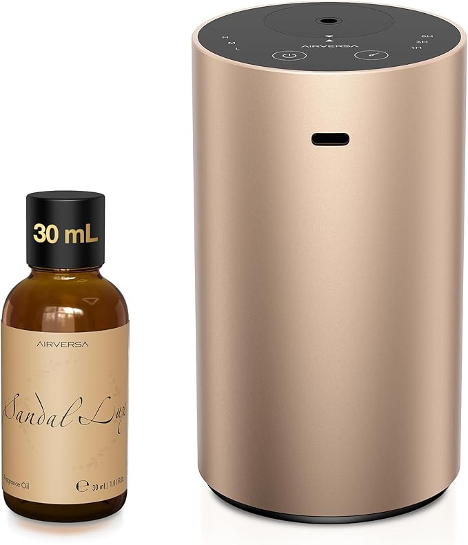 Waterless Essential Oil Diffuser Starter Kit with 30mL Sandal Lux Fragrance Oil Inspired by Luxury Hotel Scent for Home Car Office, Aroma Air Diffuser, Baterry Operated, ADX-Kit Metal Desert Titanium