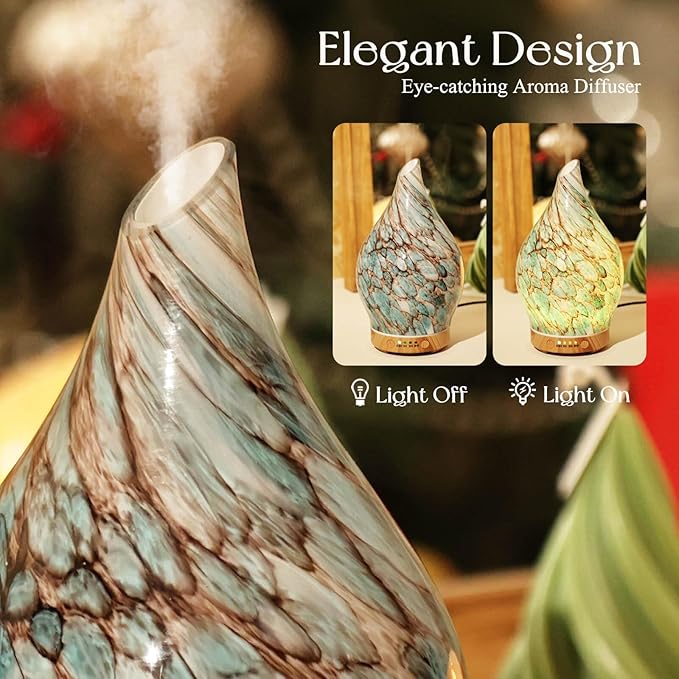 Porseme Essential Oil Diffuser Hand-Blown Glass Aroma Diffusor, Aromatherapy Unltrasonic Cool Mist deffuser, 7 Color Changing, Waterless Shut-Off, Timer Function for Home Office(150ml, Light Blue)