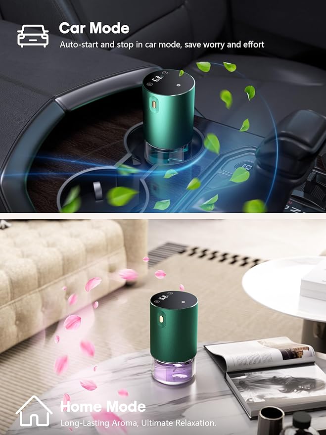 Waterless Oil Diffuser for Home, Car, Office - Rechargeable Scent & Essential Oil Diffuser, 4 Mist Modes and 1/2/4/6 Hour Timer, Portable Cordless Aromatherapy, Spill-Proof Metal Design - Green