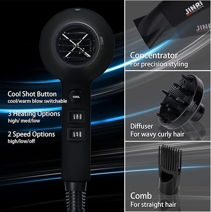 Professional Salon Grade Hair Dryer 1875W, Powerful Fast Drying Pro Negative Ionic & Infrared Blow Dryer, Low Noise Blow Dryer with Diffuser, Concentrator, Comb, 2 Speed & 3 Heat Settings