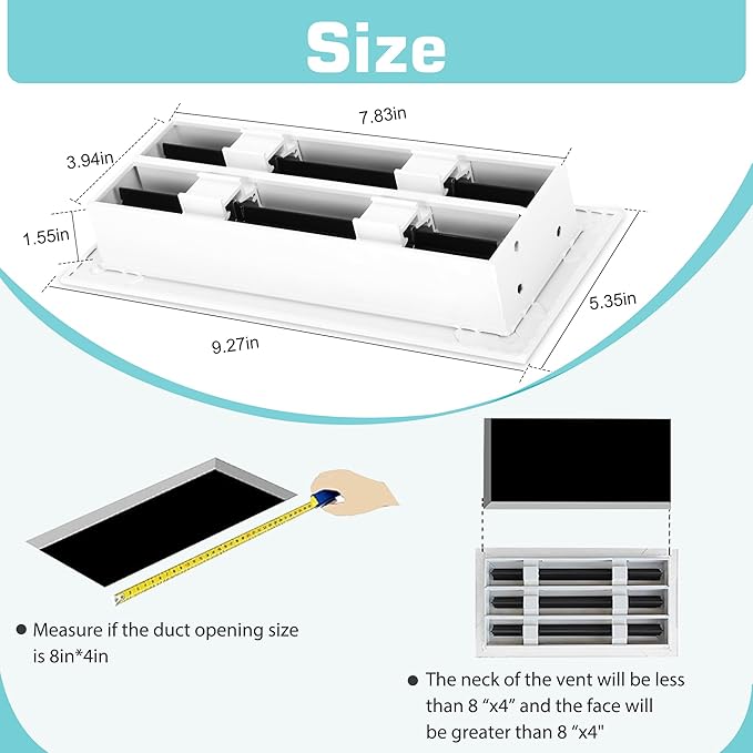 8x4 Modern AC Vent Cover 2Pack (Duct Opening Cutout), Decorative White Air Vent, All Aluminium Standard Linear Slot Diffuser, Low Noise - Register Grille for Ceiling, Walls & Floors