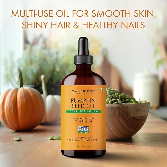 Majestic Pure Pumpkin Seed Oil - 100% Pure & Natural - Premium Grade, Cold Pressed, Hexane Free - Hair, Eyelashes, Eyebrows, Nails - Moisturizing & Nourishing - 4 Fl Oz