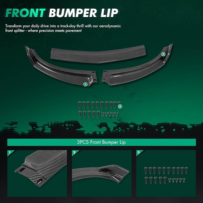 SCITOO 3PCS Front Bumper Lip Compatible for 2007-2009 for Infiniti G35 G37 Sedan Front Lip Spoiler Glossy Carbon Look (PP) Plastic Air Dam