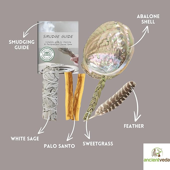 Ancient VEDA Organic Smudge Kit – California White Sage, Palo Santo, Sweetgrass, Abalone Shell, Feather & Smudge Guide | Smudging Kit for Home Energy Cleansing, Meditation, (Healer's Kit, White Sage)
