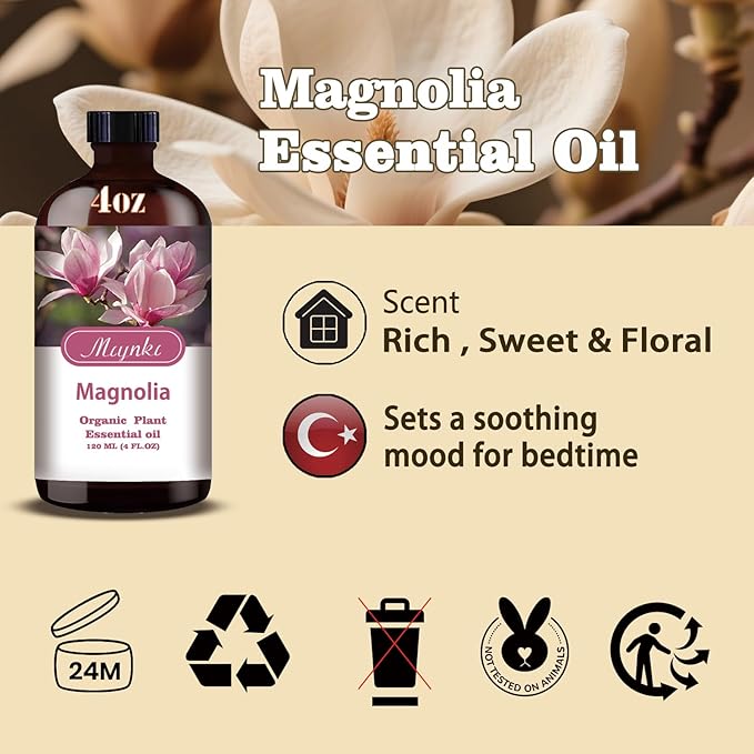 Magnolia Essential Oil – MLYNKL Magnolia Oils 4.33 fl oz for Diffusers, Humidifiers, Massage, DIY Candles, Soap, Cleaning, Home, Yoga, Office, Gifts - 130 ml