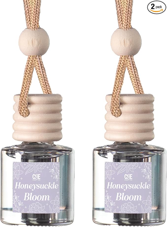 C&E Craft Co Hanging Car Air Freshener Diffuser 2 Pack, Long Lasting Fragrance Oil Car Freshener, Glass Bottle Auto Air Freshener, Made in USA (Honeysuckle Bloom)