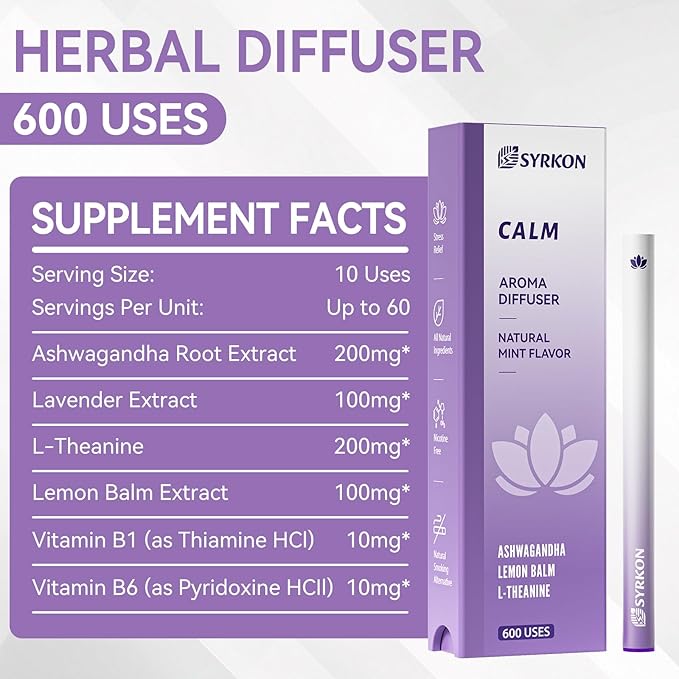 Herbal Diffuser Pens, 2 Pack, Mullein for Lung Support & Calm Mood with Ashwagandha, Natural Plant Extracts, Total 1200 Uses, Portable and Compact