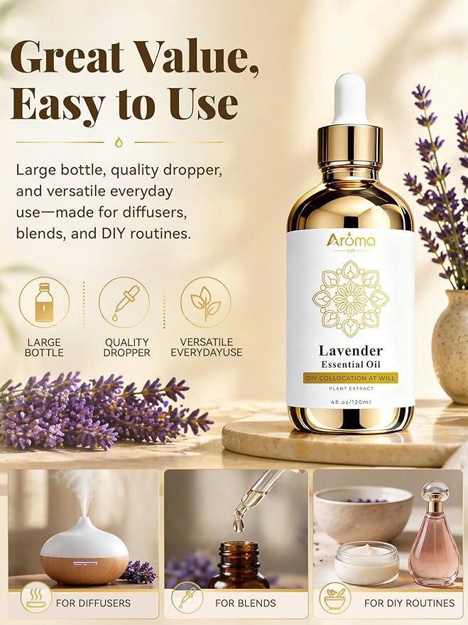 100% Pure Lavender Essential Oil 4 fl oz - Essential Oils for Skin & Diffusers & Home Care, Candle Making, Gifts for Women - Lavender Essential Oil for Diffuser Helps Me Relax/Calming