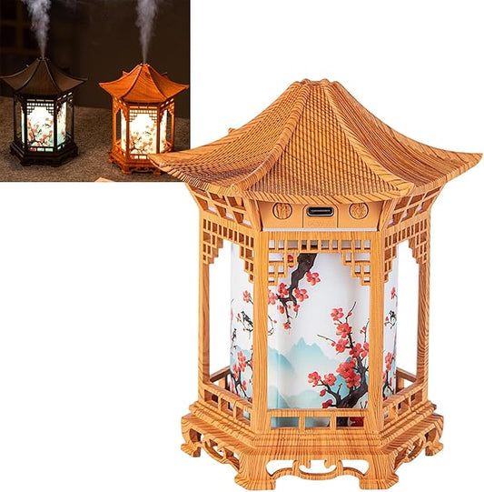 Zen Pavilion Lantern Aroma Diffuser & Night Light, 160ml Diffuser, Dual Mist Modes, Chinese Zen Garden Humidifier, Warm & White Light for Sleep, Yoga, Meditation & Spa(Light Wood)