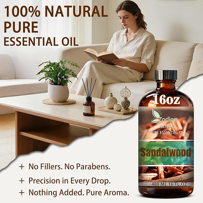 Sandalwood Essential Oil, 16 fl oz (480ml) - ZODION Sandalwood Fragrance Oil for Diffuser, Massage, Humidifier, DIY Candle, Soap Making, Home, Bath, Yoga