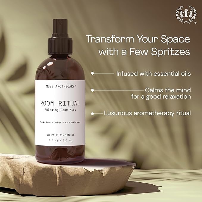 Muse Apothecary Room Ritual - Aromatic and Relaxing Room Mist, Infused with Natural Essential Oils - 8oz, Bergamot + French Lavender + Sandalwood