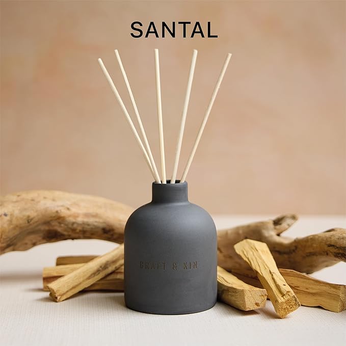 Craft & Kin Reed Diffuser for Home & Bathroom – Santal Woods Holiday Reed Diffuser Set with Fragrance Sticks, Long-Lasting Alcohol-Free Winter Scent, Earthenware Collection, 6.7oz