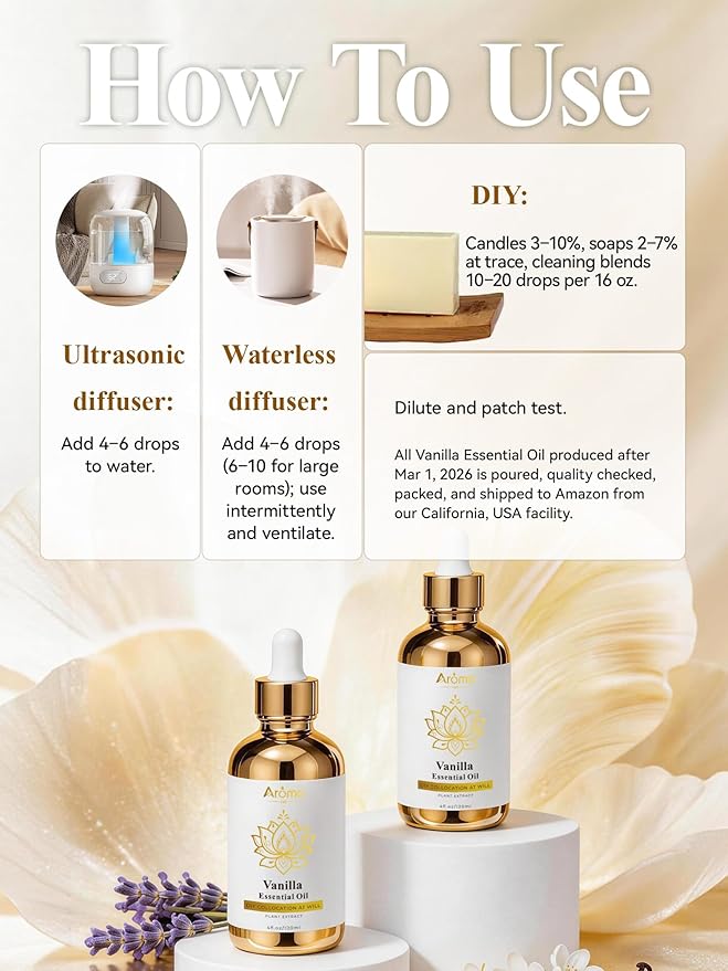 100% Pure Vanilla Essential Oil, 4 Fl Oz, Vanilla Oil for Diffusers, Home Fragrance & Aromatherapy, Essential Oils for Diffusers for Home & Skin & Home Care, Candle Scents for Candle Making