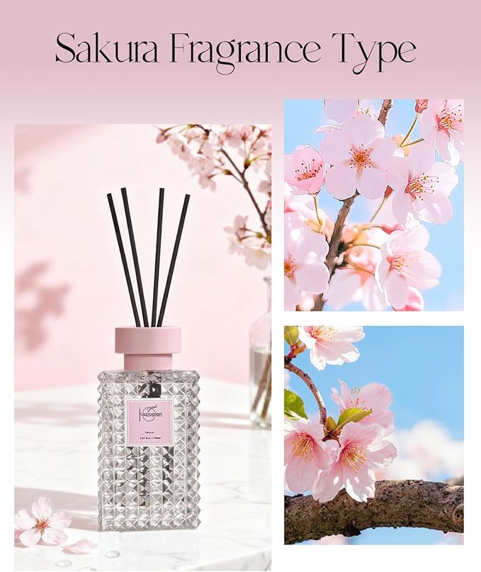Reed Diffuser Set, Sakura Scented Home Fragrance Air Freshener for Bathroom Shelf Decor, 5.07 fl oz/150ml Essential Oil with Sticks