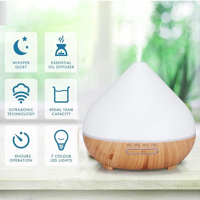 Essential Oil Diffuser, Wood Ultrasonic Cool Mist Humidifier, Ambient Night Light, 400ml Waterless Auto-Off, for Home,Bedroom,Office (Light Wood)