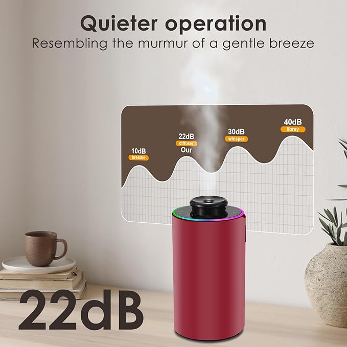 Waterless Essential Oil Diffuser with 8 Color LED Night Light, 3 Mist Levels & Timers, Portable Rechargeable Aromatherapy Diffuser for Home Car Room Studio Office, Metal (Red)