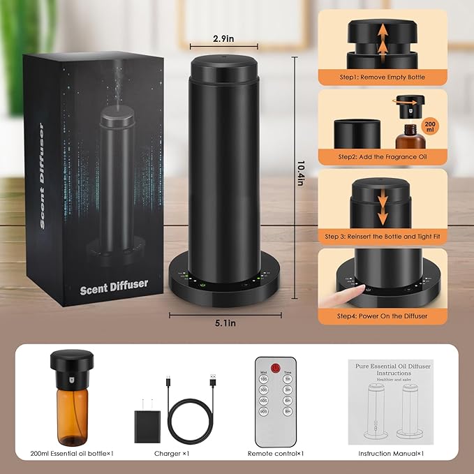 Waterless Scent Essential Oil Diffuser for Hotel,Whole House,Large Room, Office，Home，200ML Large Capacity, Covering 1500 Square feet (Black) (Large-200) (L)
