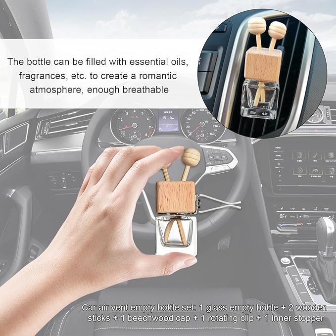 KVAEY 2PCS Car Diffuser Air Freshener Bottle, Refillable Empty Glass Perfume Bottles with Vent Clip, Universal Essential Oil Diffuser for Most Vehicles, Interior Car Accessories (8PCS, Blank)