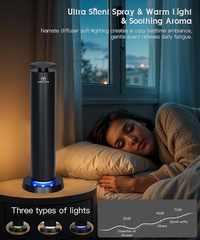 Waterless Diffuser Wireless Rechargeable Essential Oil Diffusers with LED Light – Bedroom Quiet Mist 1800 Sq Ft Coverage, APP+Remote+Button Control 120ml Metal Scent Machine Starter Kit (Black)