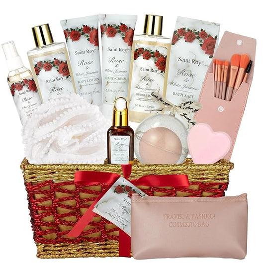 Mothers Day Gifts for Women, 21 Pcs Large Spa Basket Gift for Women, Red Rose Bath and Body Basket Gift, Skin Care, Home Spa Self Care, Bath Kit, Birthday, Christmas, Bridal Shower, Anniversary