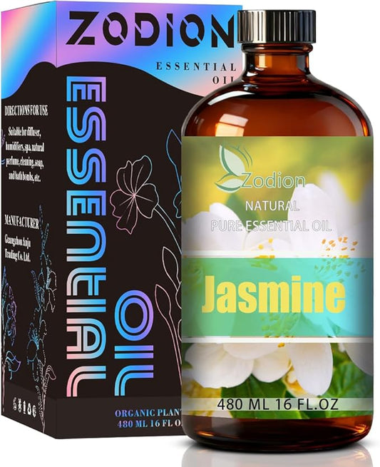 Jasmine Essential Oil, 16 fl oz (480ml) - ZODION Jasmine Fragrance Oil for Diffuser, Massage, Humidifier, DIY Candle, Soap Making, Home, Bath, Yoga