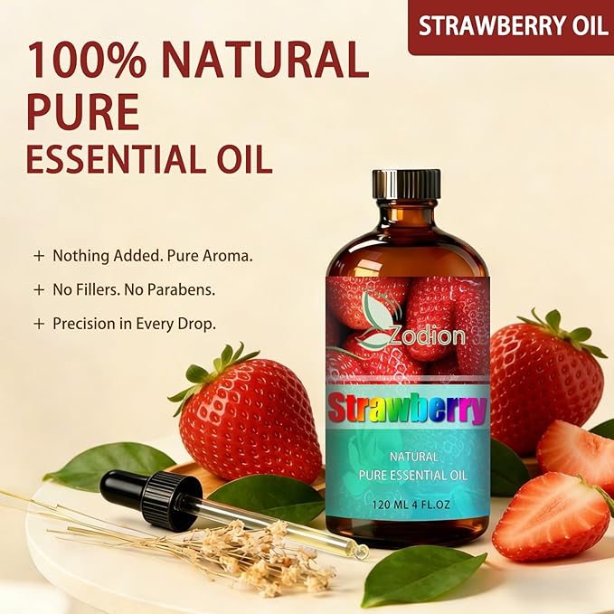 Strawberry Essential Oil, 4 fl oz (120ml) - ZODION Strawberry Fragrance Oil for Diffuser, Massage, Humidifier, DIY Candle, Soap Making, Home, Bath, Yoga