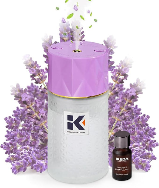 Ikeda Essential Oil Diffuser with Negative Ions, 250ml Glass Aromatherapy Diffuser with 10mL Lavender Essential Oil,3 Modes & 2000 mAH Battery Operated Car Diffuser with Night Light for Home,Purple